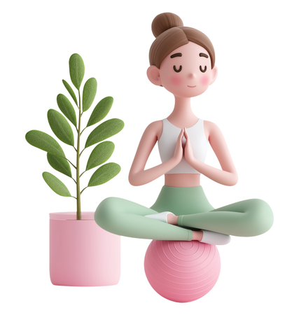 AI Woman meditating on yoga ball with plant  3D Icon