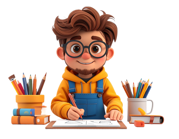 AI Young artist student with glasses sketching on paper with art supplies  3D Illustration