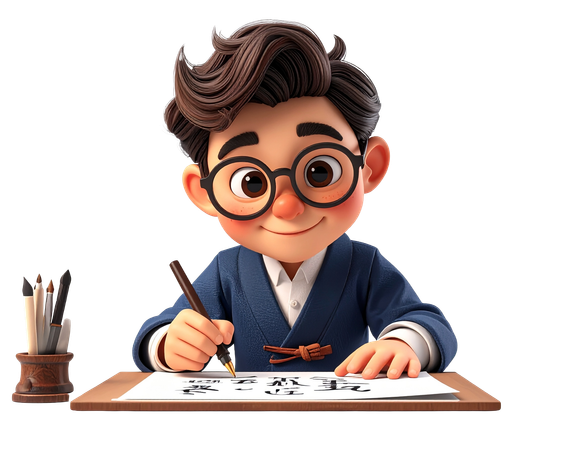 AI Young Asian Boy Practicing Calligraphy with Fountain Pen  Illustration