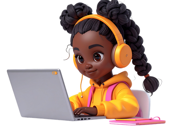 AI Young Black girl student with headphones using laptop for online education and e-learning  3D Illustration