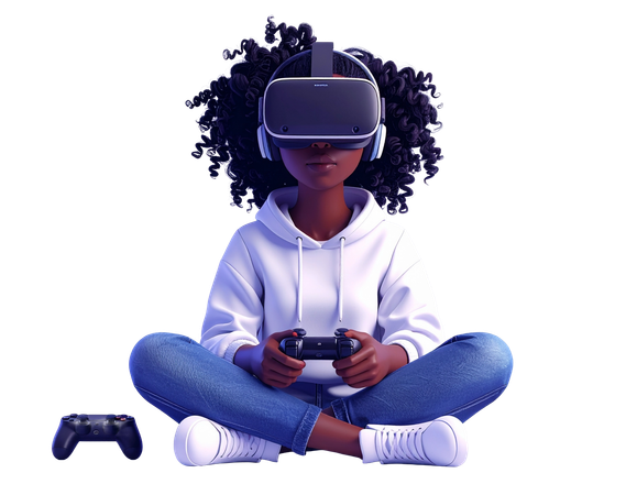 AI Young Black woman with curly hair playing video games with VR headset and controller 3D Illustration