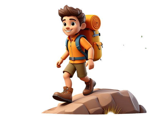 AI Young  hiker character with a large backpack walking on a rock  3D Illustration