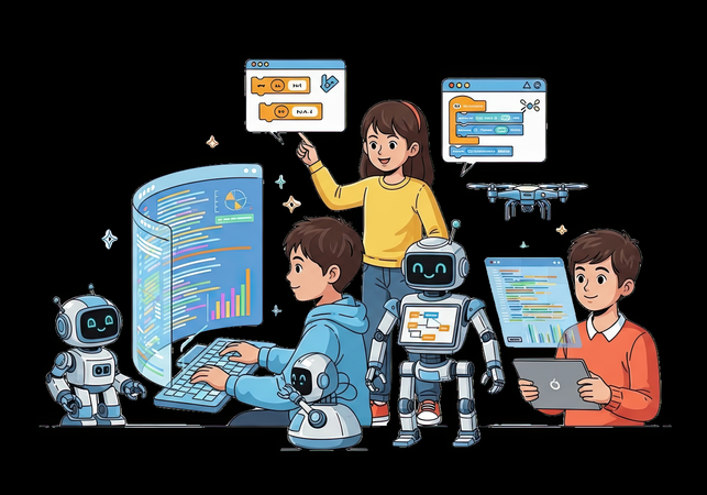 AI Young learners using tablets and robots to code and solve creative puzzles in fun futuristic classroom Illustration