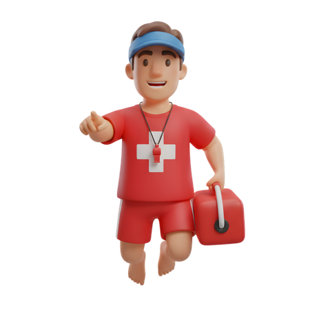 AI Young male lifeguard smiling and running while pointing forward with one hand and holding a red rescue buoy in the other  3D Illustration
