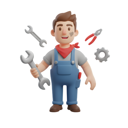 AI Young male mechanic smiling and holding a large wrench in one hand  3D Illustration