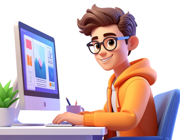 AI Young man  character with glasses working on computer at desk  3D Illustration