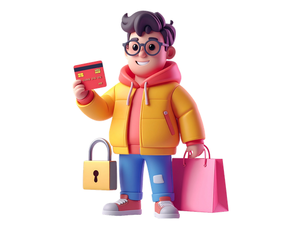 AI Young man holding credit card and shopping bag with padlock for secure payment  3D Illustration