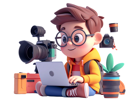 AI Young photographer student character with laptop and camera gea  Illustration