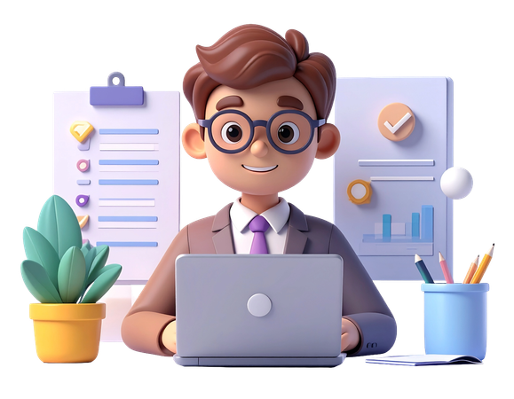 AI Young professional working on laptop at office desk  3D Illustration