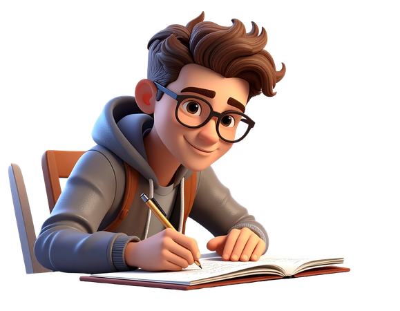 AI Young student with glasses writing in a notebook at a desk  3D Illustration