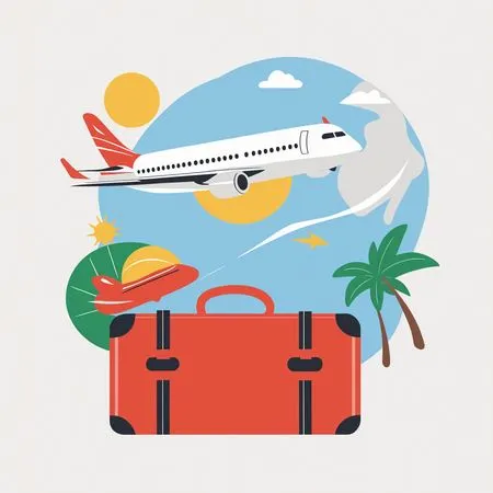 Airplane flying above a large suitcase  AI Image