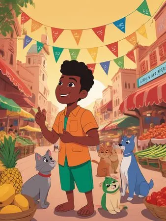 Boy In Market With Animals  AI Image