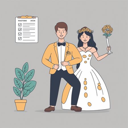 Braut und Bräutigam mit Hochzeitscheckliste  KI-Bild