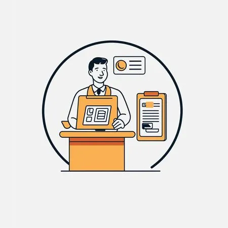 Businessman standing at a desk working on computer  AI Image