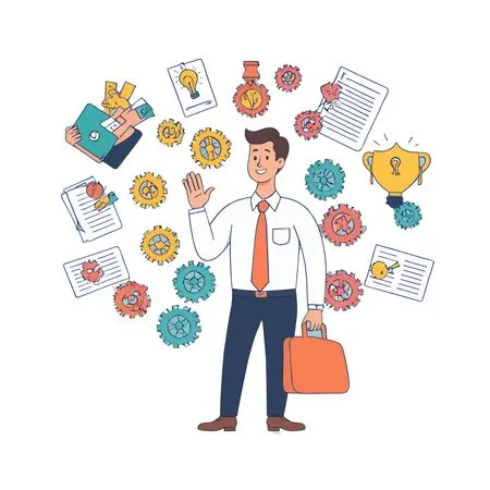 Businessman Surrounded By Ideas And Innovation Symbols  AI Image