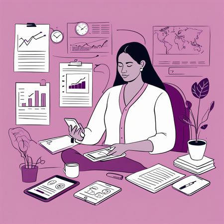 Businesswoman Multitasking With Tech Devices At Office Desk  AI Image