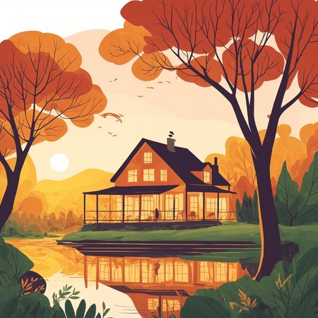 Casa aconchegante à beira do lago no outono com folhagem vibrante  AI Image