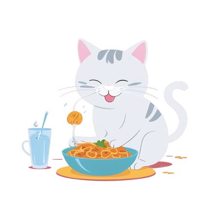 Cat Enjoying Spaghetti Meal  AI Image