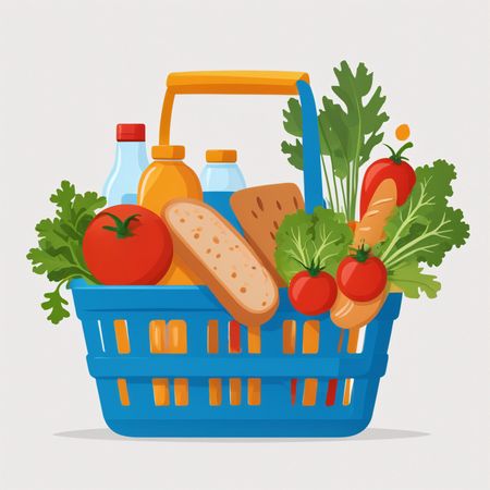 Cesta de compras ilustrada com itens alimentares  Imagem de IA