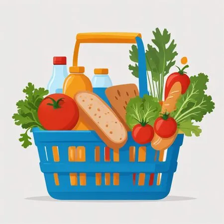 Cesta de compras ilustrada com itens alimentares  Imagem de IA