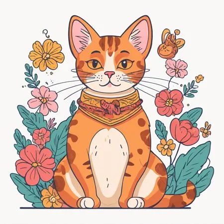 Chat orange avec des fleurs  AI Image