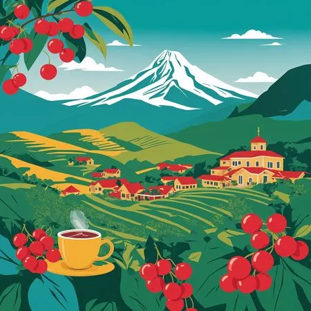Coffee Plantation Scene With Mountain Backdrop  AI Image