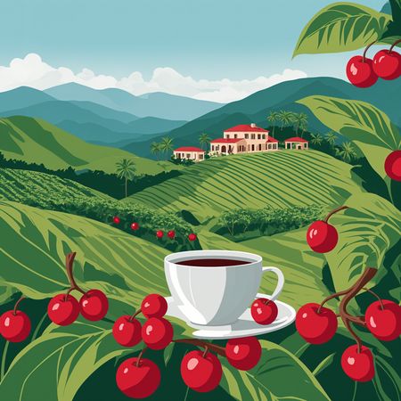 Coffee Plantation With A Cup Of Coffee  AI Image