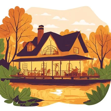 Cozy Cabin By Lake In Autumn Foliage  AI Image