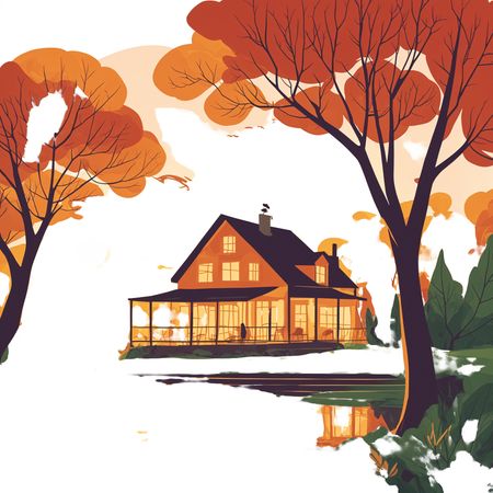 Cozy House By Lake In Autumn With Vibrant Foliage  AI Image