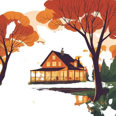 Cozy House By Lake In Autumn With Vibrant Foliage  AI Image
