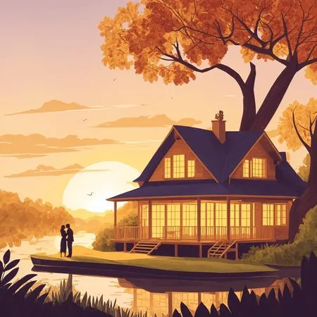 Cozy Lakeside Cabin At Sunset With Couple  AI Image