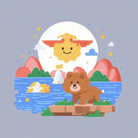 Cute Lion In A Whimsical Landscape With A Smiling Sun  AI Image