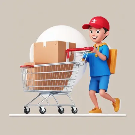ショッピングカートに荷物を積んだ配達員  AI画像