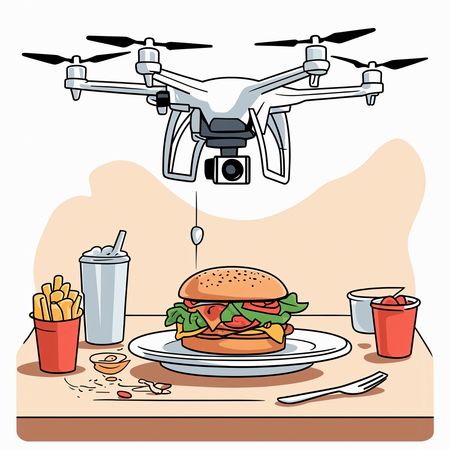 Drone entregando refeições de fast food  Imagem de IA