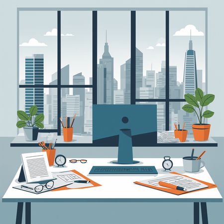 Espaço de trabalho de escritório moderno com vista para a cidade  Imagem de IA