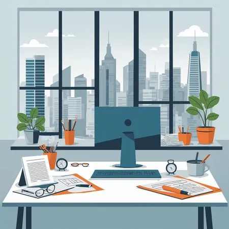 Espaço de trabalho de escritório moderno com vista para a cidade  Imagem de IA