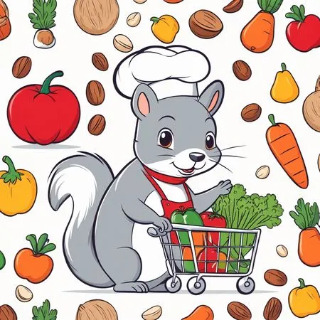 Chef Esquilo Fazendo Compras com Carrinho de Vegetais  Imagem de IA