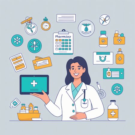 デジタル薬局で働く女性薬剤師  AI画像