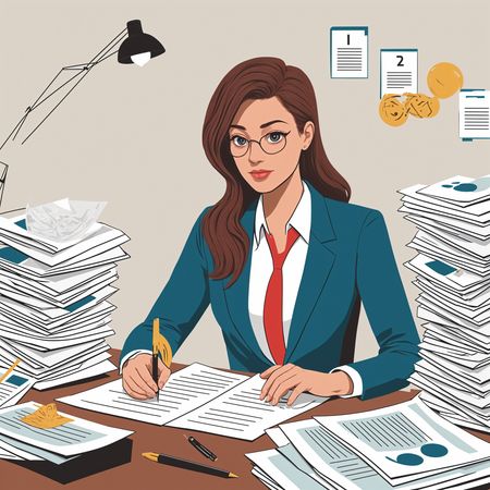 Femme d'affaires travaillant à un bureau chargé de paperasse  Image IA
