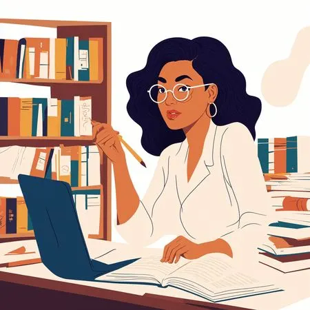 Femme étudiant à son bureau avec un ordinateur portable et des livres  Image IA