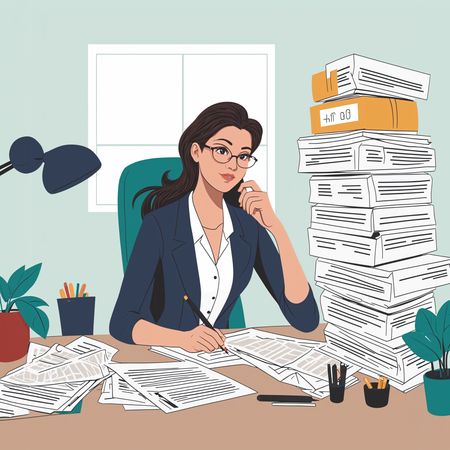 Femme travaillant sur des documents dans un bureau très fréquenté  Image IA