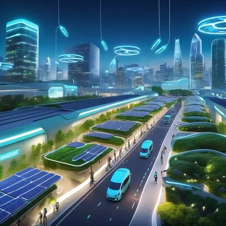 太陽光パネルとドローンを備えた未来の持続可能な都市  AI画像