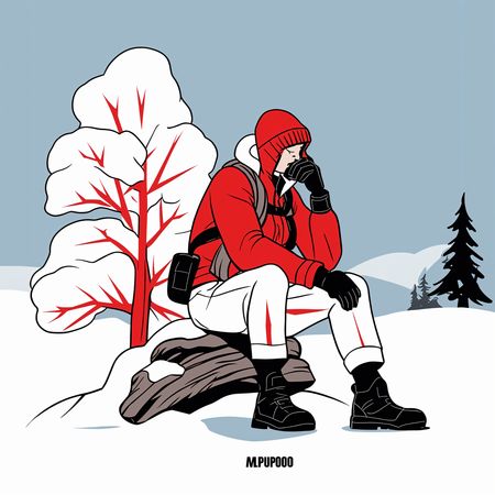 Hiker Sits Thoughtfully In Snowy  AI Image