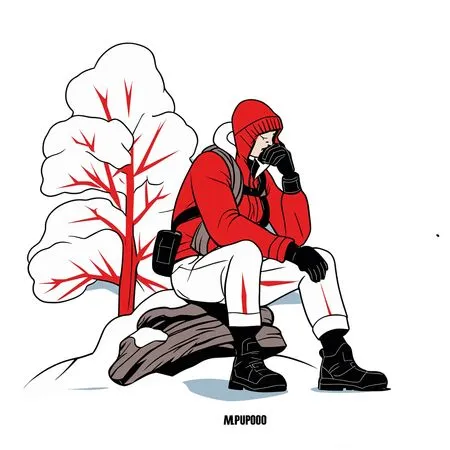 Hiker Sits Thoughtfully In Snowy  AI Image