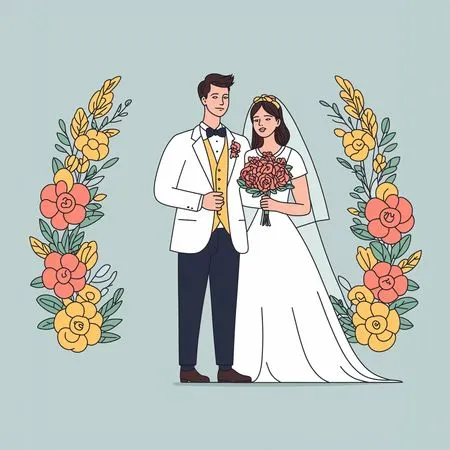 Hochzeitspaar mit Blumendekor  KI-Bild