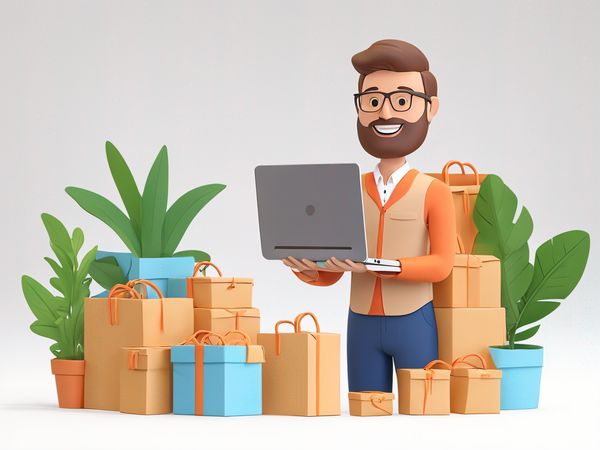Homme avec des cadeaux et un ordinateur portable  Image IA