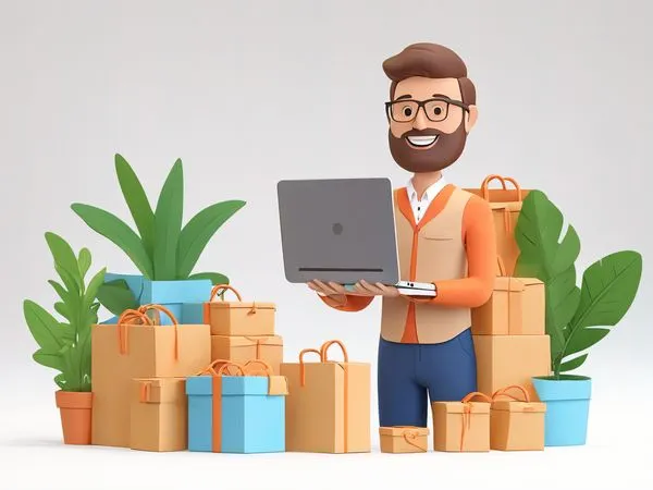Homme avec des cadeaux et un ordinateur portable  Image IA