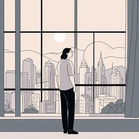 Homme regardant l'horizon de la ville depuis la fenêtre  Image IA
