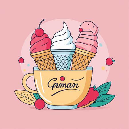 Ice Cream Cones In A Cup With Berries And Leaves  AI Image