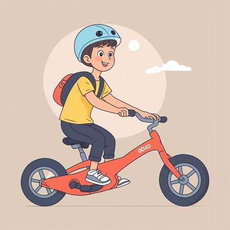 Kind, Reiten Fahrrad, Mit, Helm, Und, Ranzen  KI-Bild